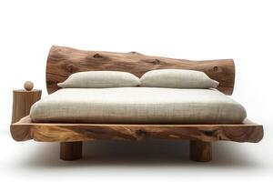 A stunning modern wooden bed frame made from natural wood, featuring a unique log-inspired headboard and plush, neutral-colored bedding. photo