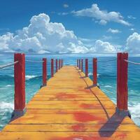A vibrant, sunlit wooden pier extending over turquoise waters under a bright blue sky with fluffy white clouds. photo