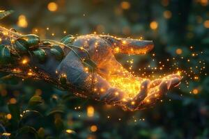 A mystical hand emerging from nature, glowing with golden sparkles and adorned with green vines, embodying a magical ambiance. photo