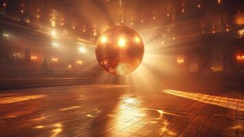 A shimmering disco ball reflecting golden light in a dimly lit dance hall, creating an enchanting atmosphere. photo