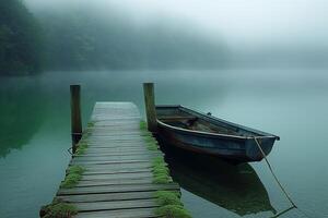 A serene wooden dock with a weathered boat tied up, enveloped in mist over tranquil waters. photo