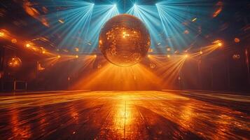 A dazzling disco ball suspended in a vibrant dance floor setting, radiating warm lights in a lively atmosphere. photo