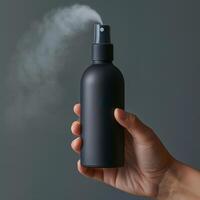 Female hand holding a sleek black spray bottle, releasing a fine mist against a muted gray background. photo