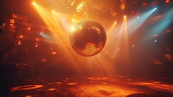 A stunning disco ball illuminates a vibrant dance floor, surrounded by colorful beams of light in a lively nightclub atmosphere. photo