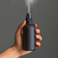 A close-up of a hand holding a sleek black spray bottle against a minimalist gray background. photo