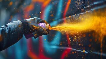 A close-up of a gloved hand spraying vibrant orange paint onto a graffiti-covered wall. photo