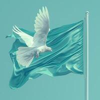 A white dove gracefully soars near a flowing turquoise flag, symbolizing peace and freedom. photo