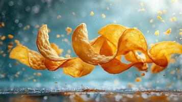 Crispy golden potato chips levitate above a reflective surface, illuminated by dynamic lighting. photo