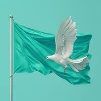 A white dove in flight alongside a vibrant teal flag, symbolizing peace and hope against a calming backdrop. photo