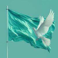 A serene white dove gracefully flies in front of a flowing turquoise flag, symbolizing peace and freedom. photo