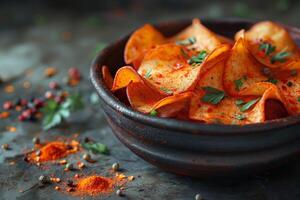 A close-up of a rustic bowl filled with spicy red potato chips garnished with herbs. photo