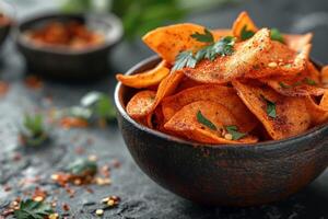 A close-up of a rustic bowl filled with crispy, spiced potato chips, garnished with fresh herbs. photo