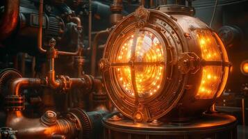 A stunning steampunk-inspired device with glowing orange lights, surrounded by intricate pipes and machinery. photo