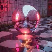 A reflective metallic sphere resting on a wet surface in an abandoned corridor, illuminated by vibrant pink light. photo