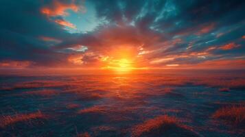 Vibrant sunset over a tranquil landscape, with glowing orange hues illuminating the grassy terrain. photo