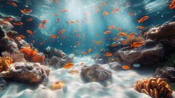 A vibrant underwater scene with schools of orange fish swimming near colorful coral reefs, illuminated by beams of sunlight. photo