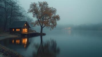 A cozy wooden cabin by a misty lake, illuminated with warm light, surrounded by autumn trees. photo
