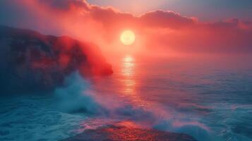 A breathtaking sunset over a tranquil ocean, with vibrant hues of orange and pink reflecting on the water's surface. photo