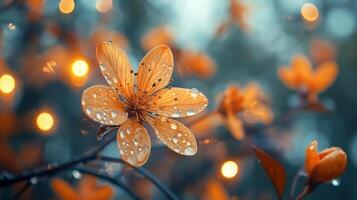 A beautiful close-up of an orange flower adorned with dew drops, set against a dreamy, blurred background of soft bokeh lights. photo