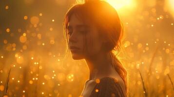 A serene young woman of Caucasian descent, bathed in golden sunlight, showcases a moment of peaceful reflection amidst a magical backdrop. photo