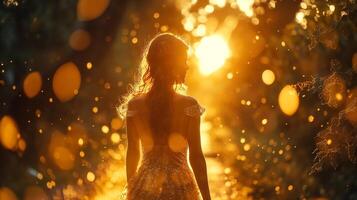 A young woman in a shimmering gold dress stands silhouetted against a golden sunset, surrounded by sparkling light. photo