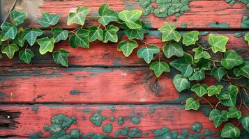 Vibrant green ivy climbing on textured, weathered red wooden surface, creating a striking contrast of colors. photo