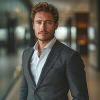 Confident Caucasian man in a tailored suit, exuding professionalism and charm in a modern office setting. photo