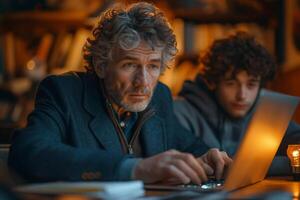A thoughtful senior man and a young man collaborate on a laptop in a cozy, dimly lit room. photo