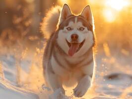 A happy Siberian Husky running through the snow at sunset, showcasing its playful spirit and beautiful fur. photo