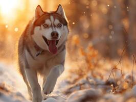 A playful Siberian Husky running through the snow at sunset, capturing the joy of winter with its vibrant energy. photo