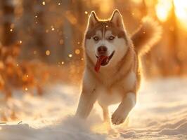 A Siberian Husky joyfully runs through the snowy forest, bathed in warm golden light during sunset. photo