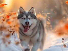 A playful Siberian Husky joyfully running through a snowy landscape, with sunlight glistening through the trees. photo