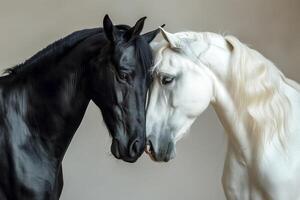 A striking contrast between a black stallion and a white horse, showcasing grace and unity in their gentle interaction. photo