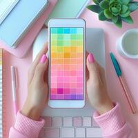 A woman with light skin holds a smartphone displaying a colorful gradient palette against a pastel workspace. photo