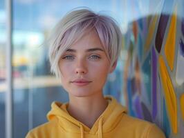A young Caucasian woman with a stylish short haircut wearing a yellow hoodie, gazing thoughtfully against a colorful backdrop. photo