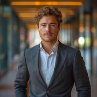 Confident young man in a stylish suit, exuding professionalism in a modern urban setting. photo