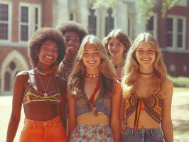 A vibrant group of five young women of diverse ethnic backgrounds, smiling in stylish bohemian outfits, showcasing a joyful outdoor atmosphere. photo
