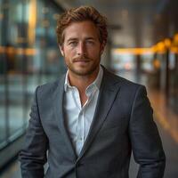Confident young Caucasian man in a stylish suit portrait, set in a modern urban environment. photo