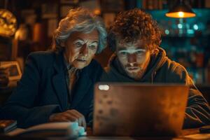 An elderly woman and a young man focus intently on a laptop screen, illuminated by warm ambient lighting in a cozy room. photo