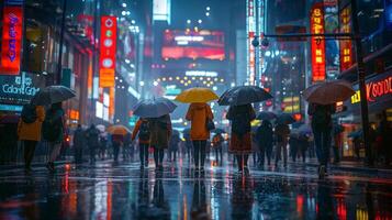 A diverse crowd with colorful umbrellas crosses a rain-soaked street in a vibrant cityscape at night. photo