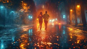 A couple running together in the rain, vibrant reflections on the wet pavement, creating a romantic and energetic atmosphere. photo