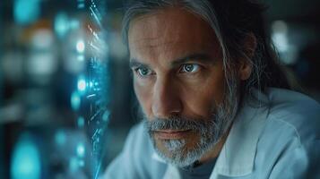 Focused male scientist with long hair and beard, analyzing data on a holographic screen in a high-tech lab. photo