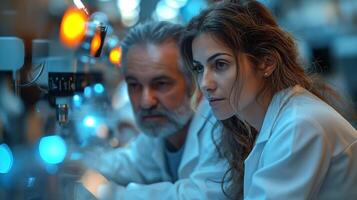 A focused young woman and an older man in lab coats analyze samples in a high-tech laboratory environment. photo