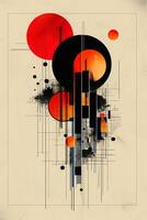 Abstract geometric design featuring vibrant red and black circles on a soft beige background. photo