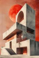 A modern architectural structure with a bold concrete design against a dramatic red sky. photo
