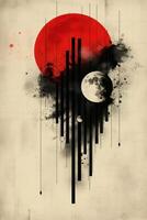 A striking abstract composition featuring a large red sun and a crescent moon amidst vertical black lines, creating a dramatic contrast. photo