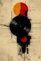 Abstract design featuring a black vinyl record and geometric shapes in red and orange hues on a textured background. photo