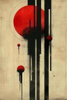 Abstract geometric design featuring bold red circles and vertical black lines on a textured background. photo