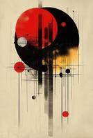 A striking abstract design featuring bold red and black circles on a textured beige background. photo