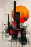 A bold abstract composition featuring geometric shapes in black, red, and orange, evoking a modern, dynamic atmosphere. photo